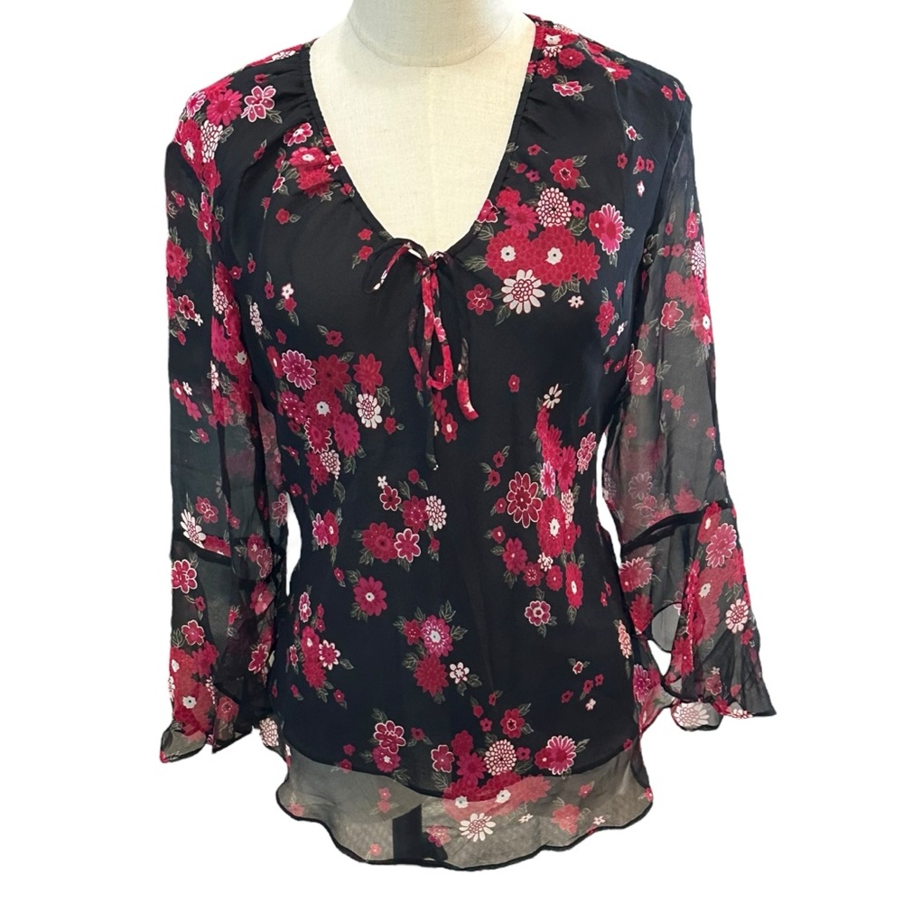 Womens 90s Y2K Silk Dark Floral Top‎ M Fairy Grunge Whimsigoth Spring Festival